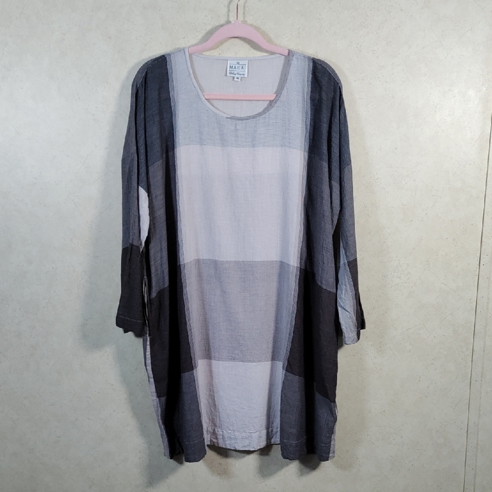 6135 Masai tan, taupe & brown 3/4 sleeve cotton tunic blouse M